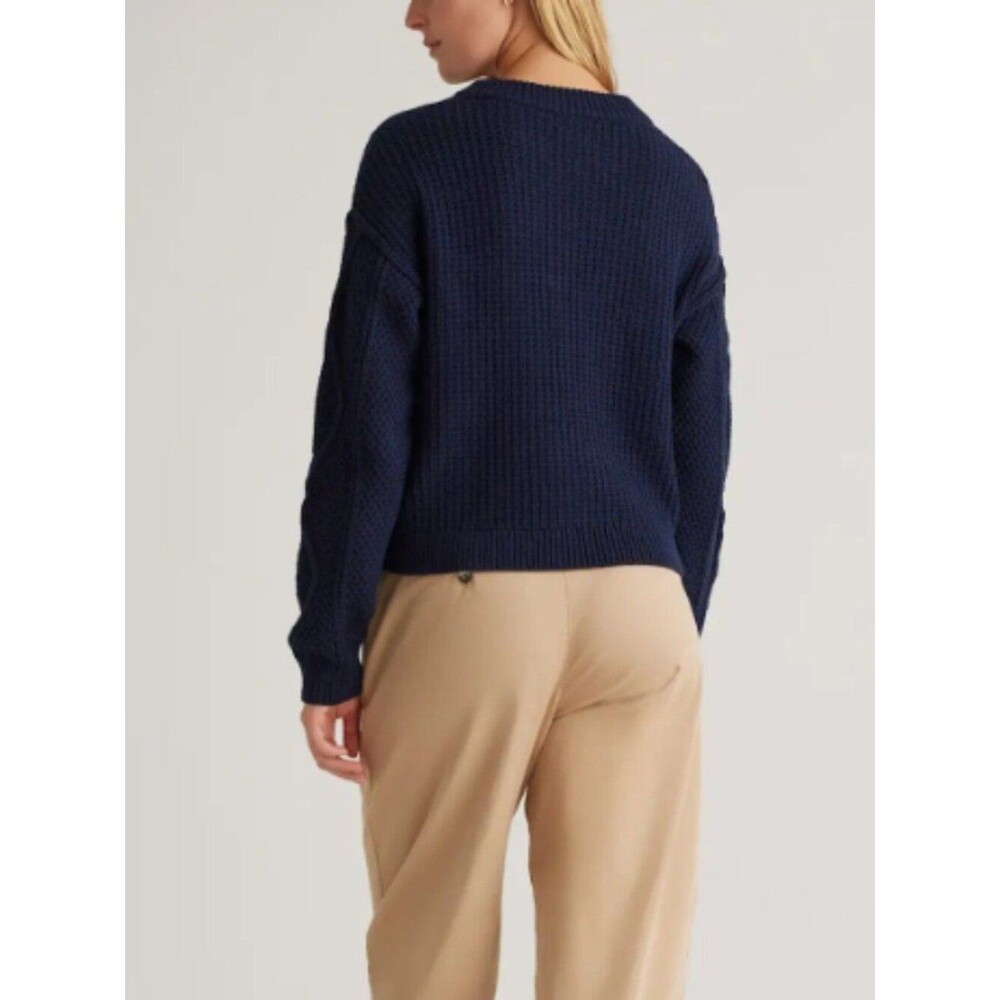 Quince 100% Organic Cotton Cropped Cable Crew Sweater Navy S NWOT - Picture 6 of 6